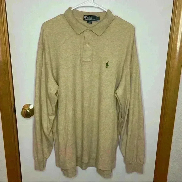 Polo Ralph Lauren Long Sleeve Polo Shirt Men Large Tan 1/4 Button Pullover - Picture 1 of 6